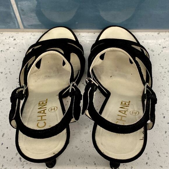 Chanel Interlocking CC Logo T-Strap Sandals 36.5 Black 2013 Lagerfeld With Box - Picture 11 of 16